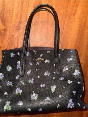 Coach Black Tote with Purple and Green Floral with sparkles - see description !!